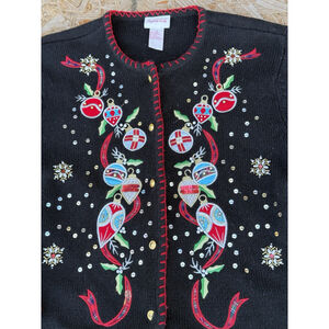 VTG 90’s Crystal Kobe Christmas Cardigan Sweater Size Medium M Black Embroidery
